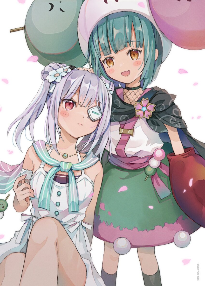 bungo_yayoi, bungo_yayoi_(big_dango_minion), crab_claw, dango, dango_hair_ornament, double_bun, dress, eyepatch, food, food-themed_hair_ornament, green_hair, hair_bun, hair_ornament, hat, heaven_burns_red, highres, medium_hair, one_eye_covered, open_mouth, oshiyoshiyon, red_eyes, short_hair, skirt, smile, twintails, wagashi, white_dress, white_hair, yamawaki_bon_ivar, yamawaki_bon_ivar_(summer_daydream), yellow_eyes