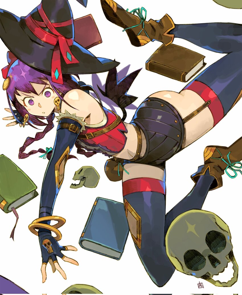 1girl, andrewcockroach, ass, belt_pouch, blush, book, boots, braid