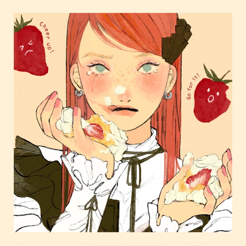 1girl, aqua_eyes, black_ribbon, blush, border, cake, commentary, earrings, english_text, food, food-themed_earrings, food_on_face, freckles, fruit, hair_ornament, highres, holding, holding_food, jewelry, long_hair, long_sleeves, looking_at_viewer, nail_polish, neck_ribbon, original, pink_nails, red_hair, ribbon, satou_sugar18, simple_background, solo, strawberry, untranslatable_commentary, tears, tongue, tongue_out, upper_body, yellow_background, yellow_border