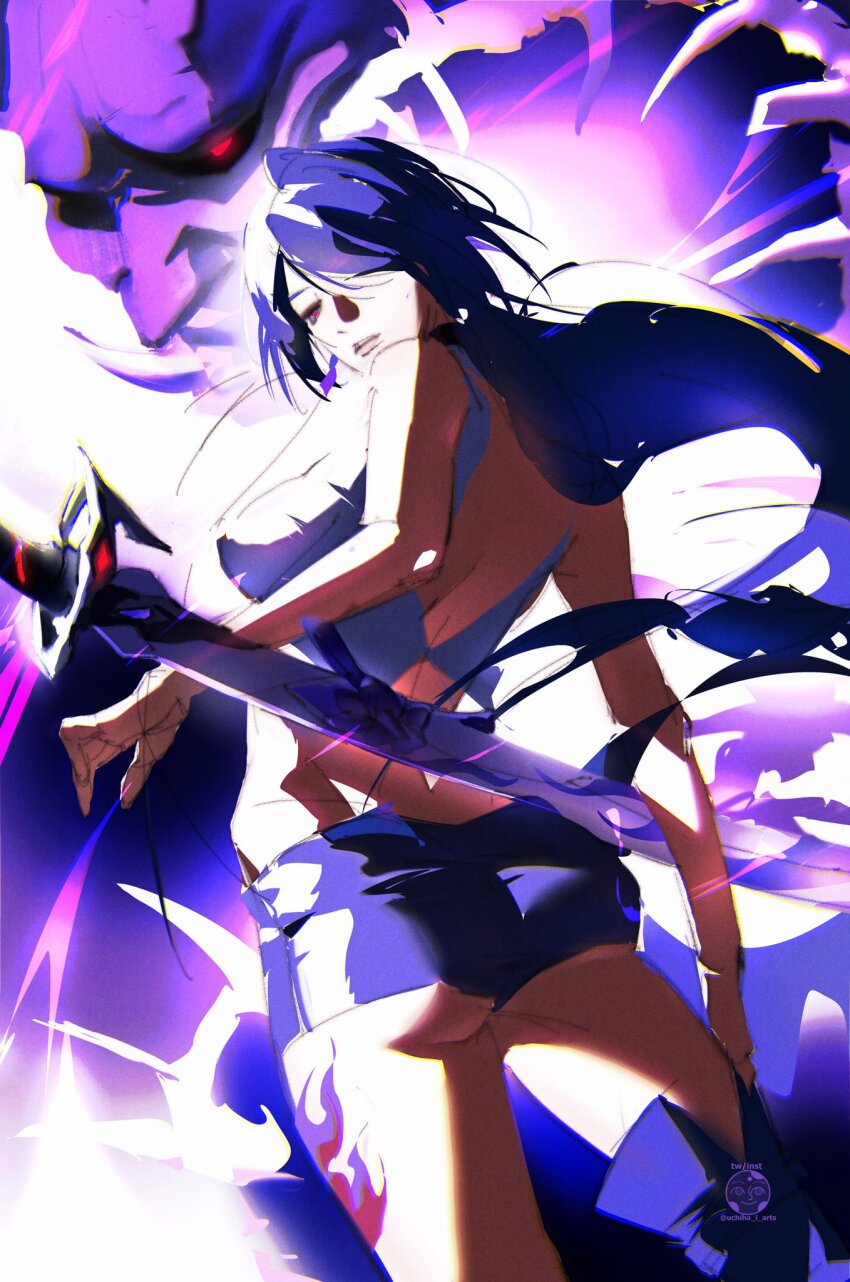 1girl, acheron_(honkai:_star_rail), arm_at_side, ass, ass_peek, boots, floating, floating_object