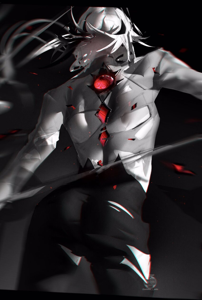 1girl, arlecchino_(genshin_impact), ass, back, black_background, black_hair, black_pants, from_behind, from_below, genshin_impact, highres, medium_hair, motion_blur, multicolored_hair, pants, shards, shirt, solo, torn_clothes, torn_pants, torn_shirt, two-tone_hair, uchiha_i_arts, white_hair, white_shirt