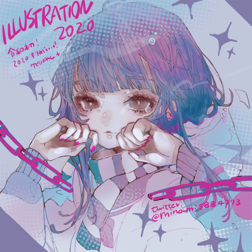 1girl, 2020, blue_eyes, chain, grey_eyes, hands_up, hood, hood_down