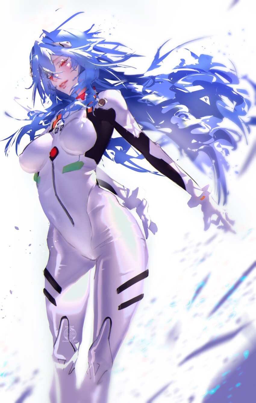 1girl, arms_behind_back, artist_logo, ayanami_rei, blue_hair, blush, bodysuit, breasts