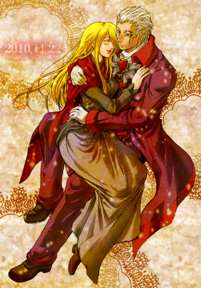 1boy, 1girl, blonde_hair, blue_eyes, blush, boots, capcom, cape, closed_eyes, coat, couple, devil_may_cry_(series), dress, eva_(dmc), geneiken, grey_hair, hair_over_one_eye, happy, long_hair, monocle, pants, short_hair, sparda, ssmaru, trench_coat