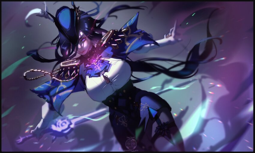 1girl, arms_behind_back, ascot, black_skirt, blue_ascot, blue_capelet, blue_hat, breasts