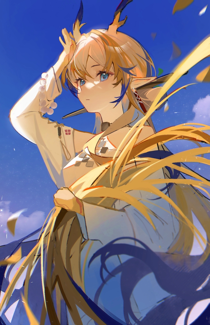 1girl, aqi233, arknights, arm_up, beads, blonde_hair, blue_eyes, chinese_commentary