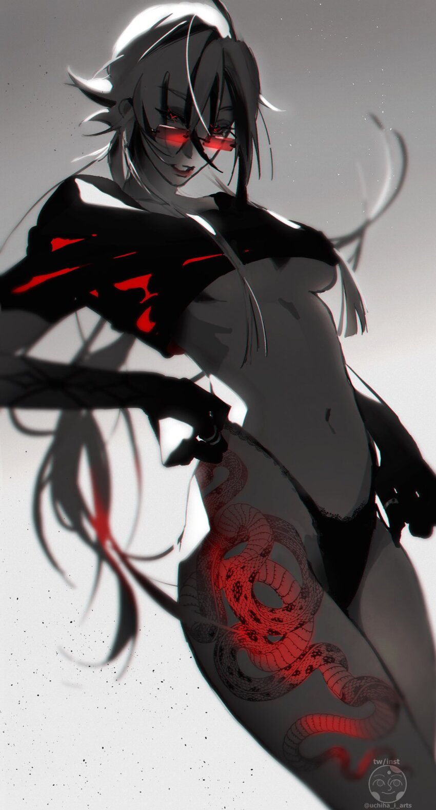 1girl, arlecchino_(genshin_impact), artist_logo, black_eyes, black_hair, black_hands, black_panties, black_shirt, blood, blood_on_face, breasts, clenched_teeth, colored_extremities, cropped_shirt, feet_out_of_frame, genshin_impact, glowing, glowing_tattoo, gradient_background, grey_background, hands_on_own_hips, highleg, highleg_panties, highres, hip_tattoo, leg_tattoo, logo, long_hair, looking_at_viewer, looking_down, medium_breasts, multicolored_hair, navel, open_mouth, panties, rectangular_eyewear, red_lips, red_pupils, shirt, simple_background, solo, stomach, symbol-shaped_pupils, tattoo, teeth, twitter_username, two-tone_hair, uchiha_i_arts, underboob, underwear, white_background, white_hair, x-shaped_pupils