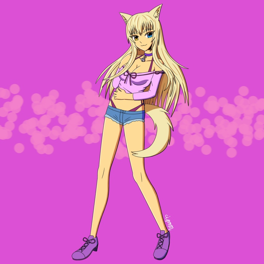 1girl, ajamnova, animal_ear_fluff, animal_ears, artist_name, bad_id, bad_pixiv_id, bare_shoulders, bell, blonde_hair, blue_eyes, breasts, cat_ears, cat_girl, cat_tail, choker, cleavage, closed_mouth, coconut_(nekopara), full_body, heterochromia, highleg, highleg_panties, highres, long_hair, looking_at_viewer, medium_breasts, midriff, neck_bell, nekopara, off-shoulder_shirt, off_shoulder, panties, purple_choker, purple_panties, shirt, shoes, short_shorts, shorts, simple_background, slit_pupils, smile, solo, standing, tail, underwear, yellow_eyes