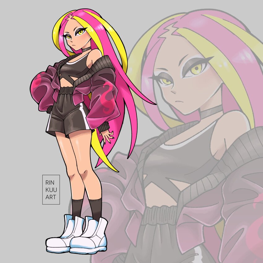 1girl, absurdres, alternate_costume, artist_name, black_shorts, black_socks, blonde_hair, cardigan, commentary, english_commentary, gym_shorts, high-waist_shorts, highres, long_hair, looking_at_viewer, multicolored_hair, nintendo, open_cardigan, open_clothes, pink_hair, plumeria_(pokemon), pokemon, pokemon_sun_and_moon, rinkuu_art, shorts, socks, sports_bra, sportswear, twitter_username, two-tone_hair, white_eyeshadow, white_footwear, wide_sleeves, yellow_eyes, zoom_layer