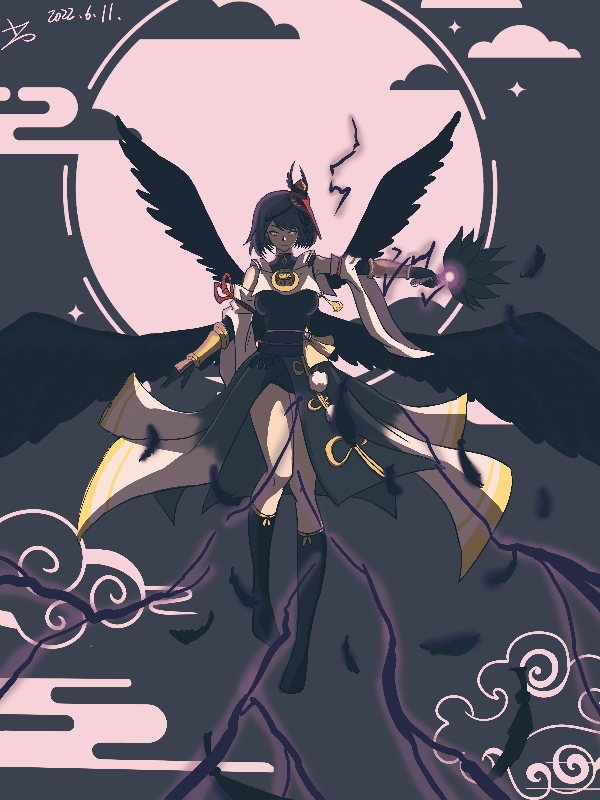 1girl, arm_at_side, arm_guards, armpits, bare_shoulders, black_gloves, black_wings, blue_hair, single_breast_curtain, breasts, clenched_hand, collared_shirt, dark_blue_hair, detached_sleeves, elbow_gloves, electricity, electrokinesis, epic, expressionless, eyelashes, facing_viewer, feather_fan, feathered_wings, feathers, female_focus, floating, full_body, full_moon, genshin_impact, gloves, hand_fan, holding, holding_fan, japanese_clothes, jewelry, kin-dred, kneehighs, knees_together_feet_apart, kujou_sara, legs, looking_at_viewer, mask, mask_on_head, medium_breasts, medium_hair, mihoyo, moon, multiple_wings, neck, necklace, night, obi, outstretched_arm, outstretched_arms, sandals, sash, shirt, sidelocks, sky, sleeveless, sleeveless_shirt, socks, spread_arms, swept_bangs, tabi, tassel, tengu, tengu_mask, thighs, tomoe_(symbol), unworn_sandals, vision_(genshin_impact), wide_sleeves, wings, yellow_eyes