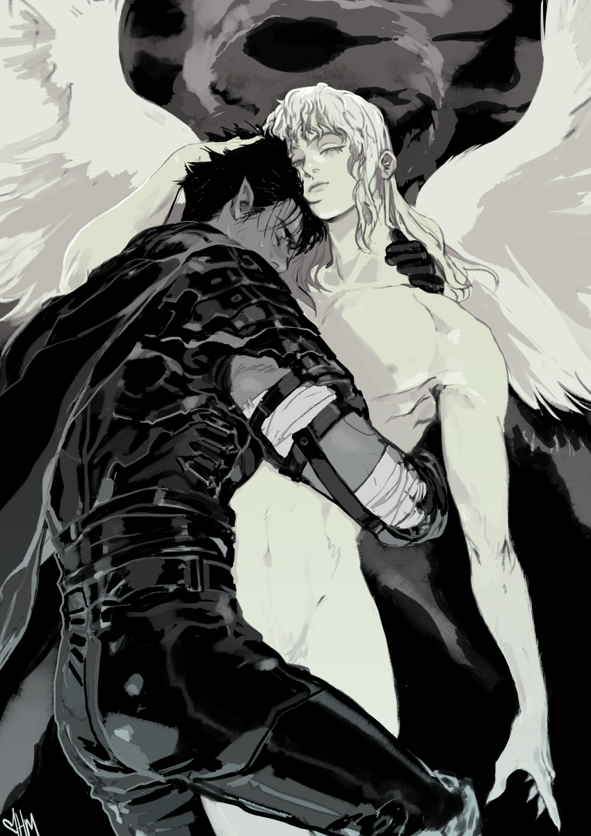 2boys, absurdres, angel_wings, arm_around_another's_back, arm_around_neck, arm_at_side, armor, berserk, black_cape, black_hair, black_pants, black_shirt, cape, closed_eyes, closed_mouth, completely_nude, convenient_censoring, greyscale, griffith_(berserk), guts_(berserk), hamletmachine, hand_in_another's_hair, hand_on_another's_head, hand_on_another's_shoulder, highres, hug, long_hair, male_focus, monochrome, multiple_boys, nipples, nude, pants, pectorals, pointy_ears, shirt, short_hair, sweat, white_hair, white_wings, wings, yaoi