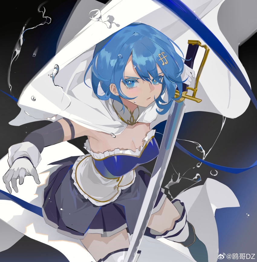 1girl, absurdres, black_background, black_footwear, black_skirt, blue_eyes, blue_hair, bodice