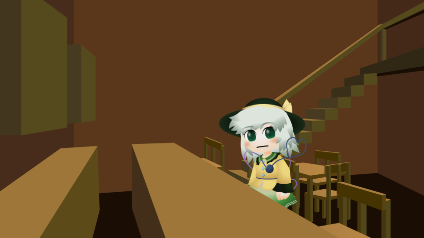 1girl, :|, bar_(place), blush, bow, buttons, cel_shading, chair, chibi, closed_mouth, collared_shirt, commentary, counter, cowboy_shot, diamond_button, english_commentary, expressionless, eyeball, frilled_shirt_collar, frilled_sleeves, frills, green_eyes, green_hat, green_skirt, grey_hair, hat, hat_bow, heart, heart_of_string, highres, indoors, komeiji_koishi, kouki_(nowlearning), kouki_ht, long_sleeves, looking_at_viewer, parody, shirt, skirt, solo, table, the_town_with_no_name, third_eye, touhou, yellow_bow, yellow_shirt