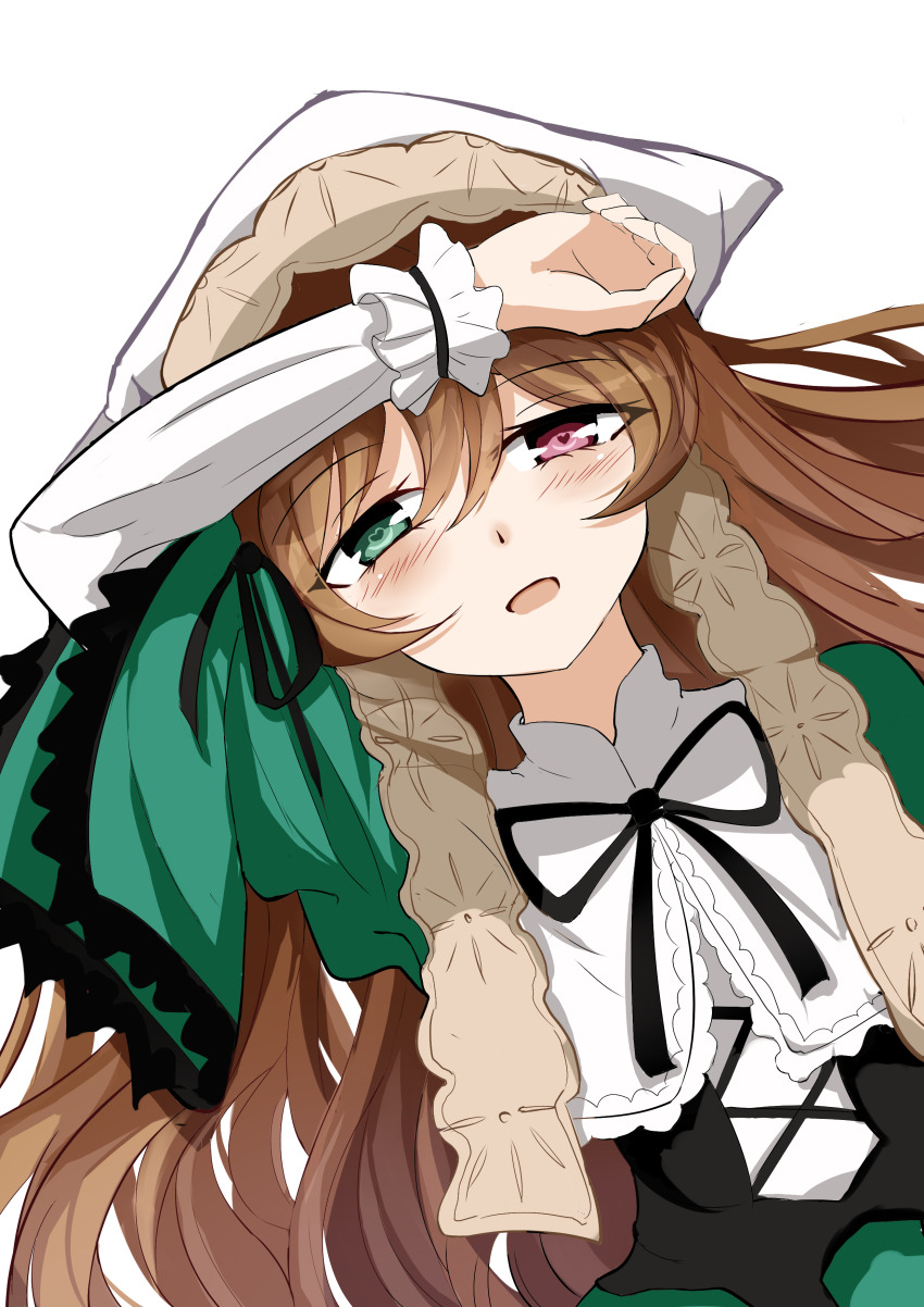 1girl, absurdres, black_corset, black_ribbon, blush, brown_hair, classic_lolita, commentary_request