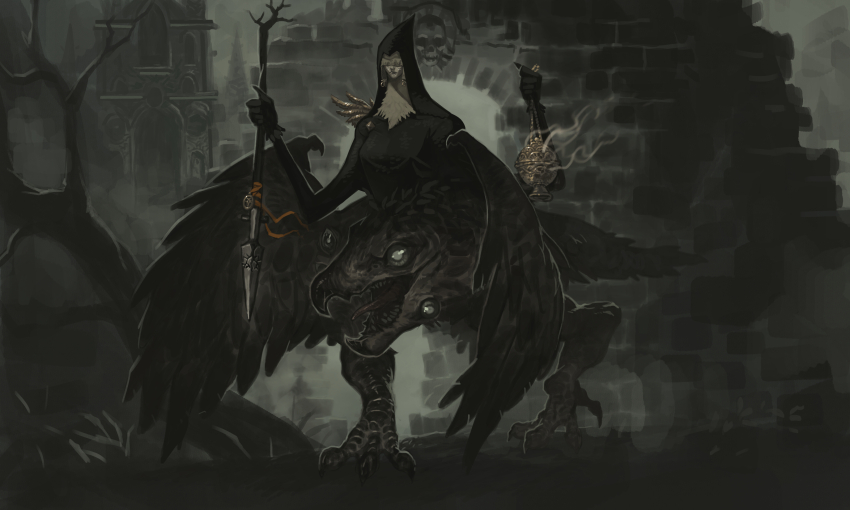 1girl, bare_tree, chimera, church, closed_mouth, covered_eyes, cromwaits, extra_eyes, fantasy, highres, holding, holding_incense_burner, holding_polearm, holding_weapon, hood, horror_(theme), incense_burner, monster, open_mouth, original, outdoors, polearm, ruins, scar, scar_on_face, sharp_teeth, solo, spear, teeth, tongue, tree, veil, walking, weapon, wings