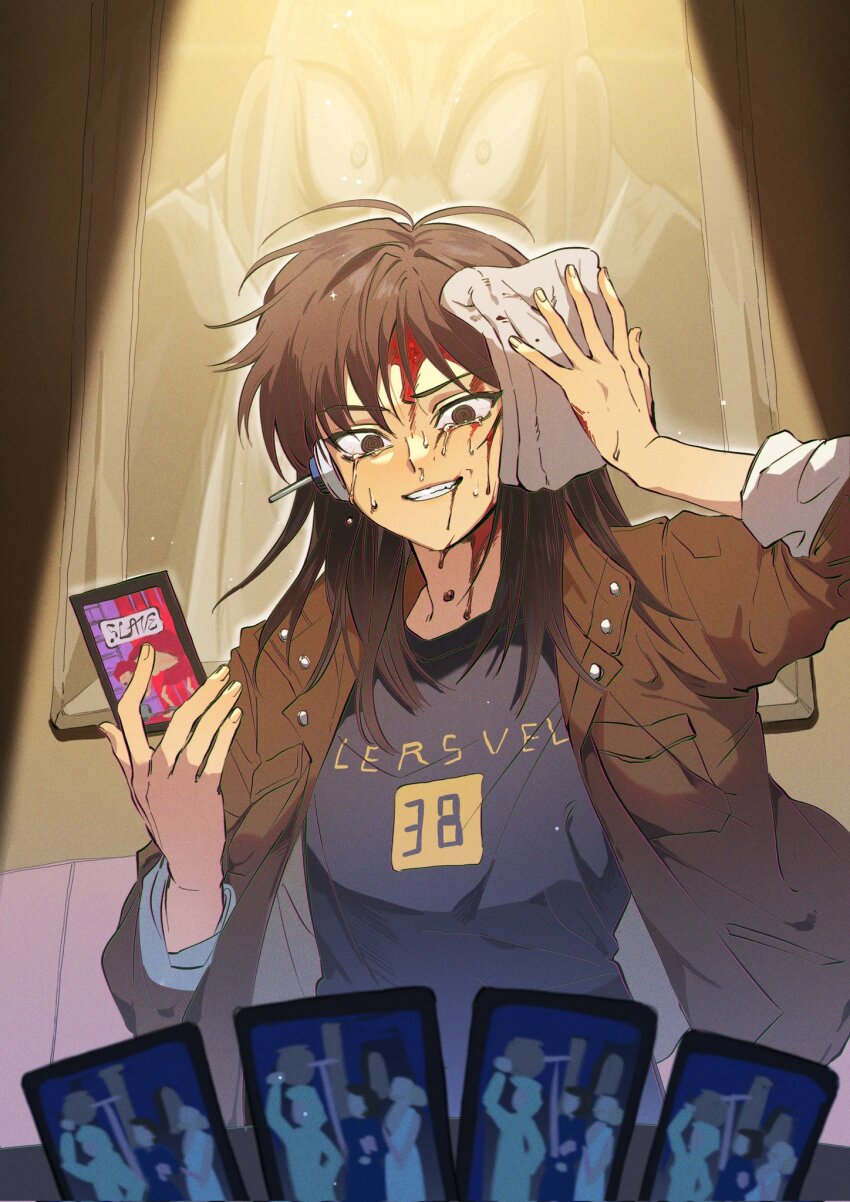 1girl, black_eyes, black_hair, blood, blood_from_mouth, blood_on_face, brown_jacket, card, citizen_(card), clothes_writing, commentary_request, facial_scar, fingernails, genderswap, genderswap_(mtf), geunglim, grey_shirt, grin, highres, holding, holding_card, holding_rag, hyoudou_kazutaka, itou_kaiji, jacket, tobaku_mokushiroku_kaiji, korean_commentary, long_hair, long_sleeves, looking_at_viewer, painting_(object), playing_card, ringed_eyes, scar, scar_on_cheek, scar_on_face, shirt, slave_(card), sleeves_rolled_up, smile, solo, spotlight, upper_body