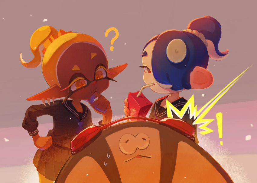 !, 1boy, 2girls, ?, aged_down, big_man_(splatoon), big_man_(young)_(splatoon), blonde_hair