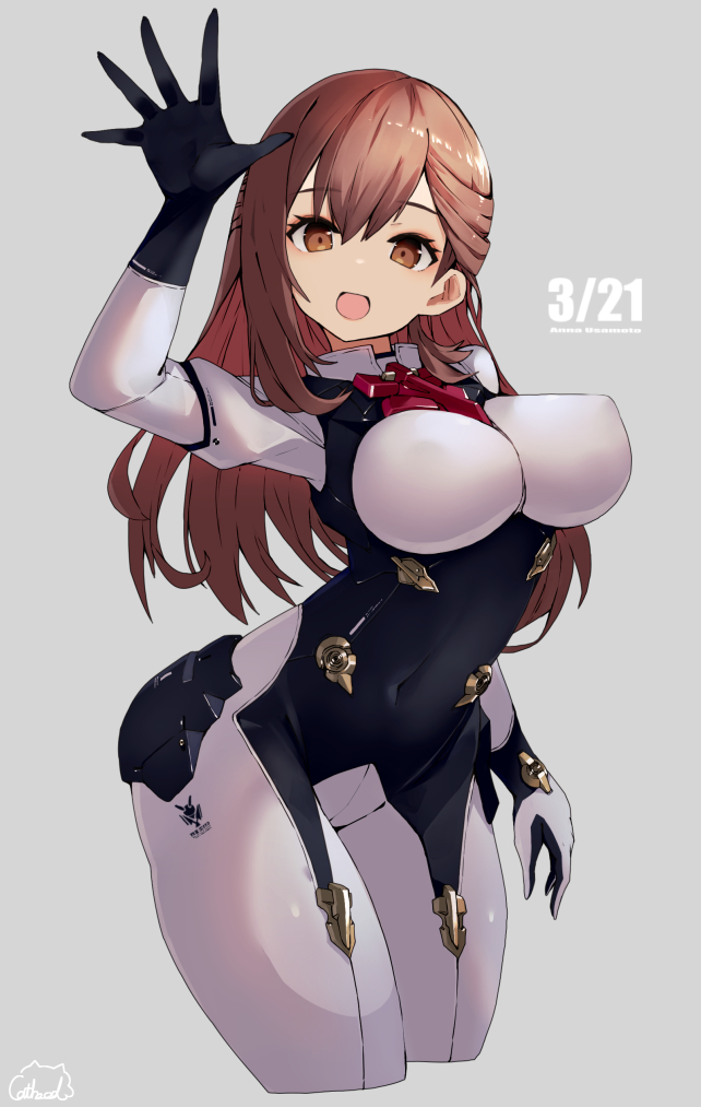 1girl, alice_gear_aegis, blush, bodysuit, breasts, brown_eyes, brown_hair, cleavage