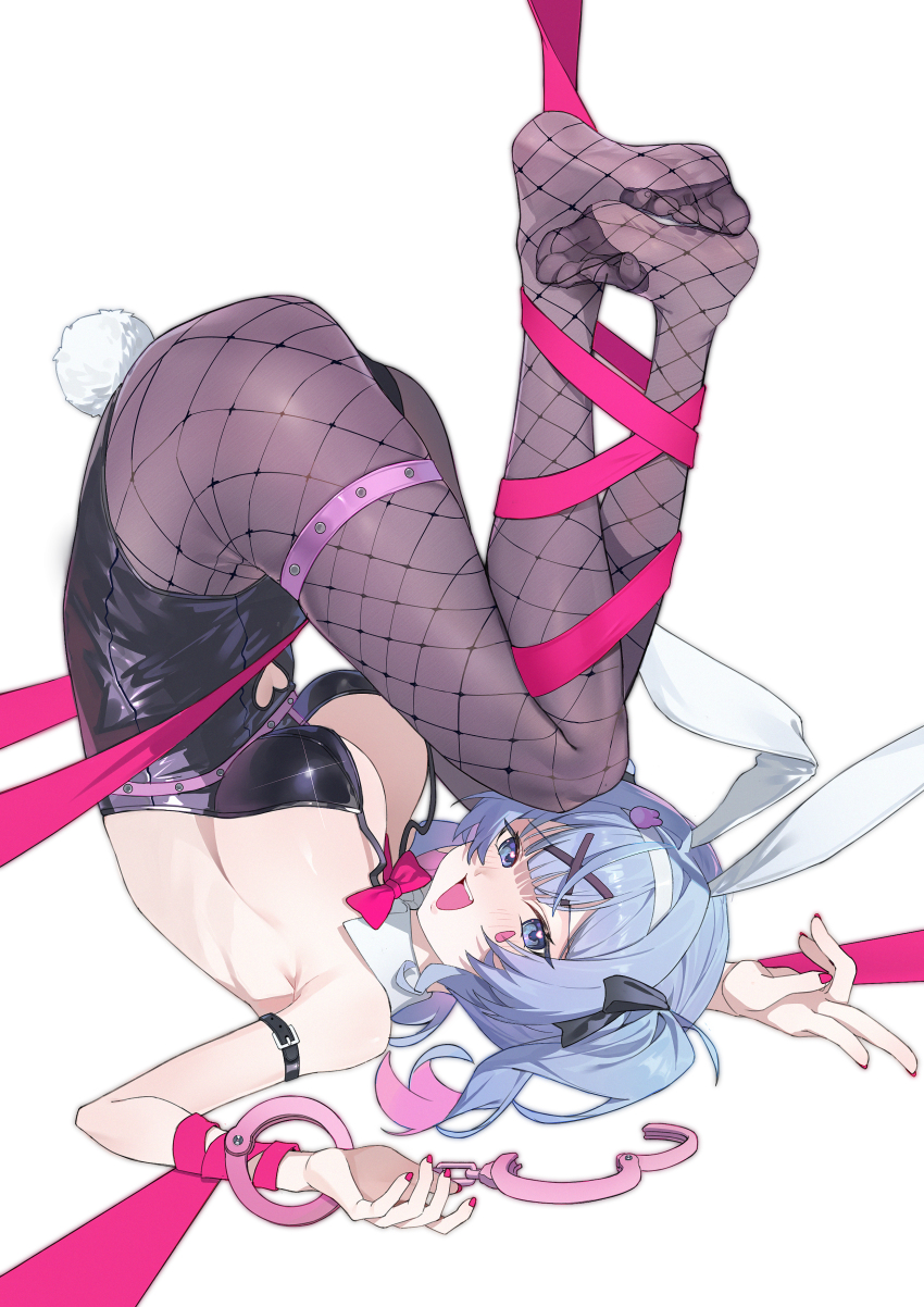 1girl, absurdres, animal_ears, arm_belt, arm_ribbon, black_leotard, black_pantyhose, blue_eyes, blue_hair, blush, bow, bowtie, breasts, clothing_cutout, commentary_request, detached_collar, facial_mark, fake_animal_ears, fake_tail, fishnet_pantyhose, fishnets, hair_ornament, halter_leotard, halterneck, handcuff_dangle, hatsune_miku, heart, heart_cutout, heart_in_eye, highleg, highleg_leotard, highres, large_breasts, leg_ribbon, leotard, looking_at_viewer, lushi_jin_up, nail_polish, no_shoes, open_mouth, pantyhose, pink_bow, pink_bowtie, pink_nails, pink_ribbon, playboy_bunny, rabbit_ears, rabbit_hole_(vocaloid), rabbit_tail, ribbon, simple_background, soles, solo, stomach_cutout, symbol_in_eye, tail, teardrop_facial_mark, teeth, thigh_strap, upper_teeth_only, upside-down, v, vocaloid, white_background, x_hair_ornament