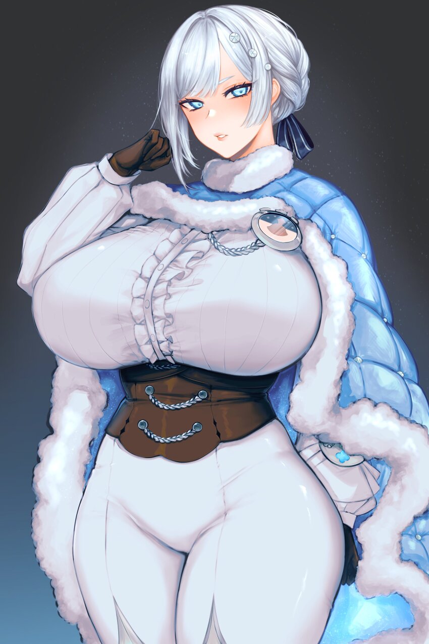 1girl, absurdres, akershus_fortress_(oshiro_project), alternate_breast_size_(larger), badge, black_bow, black_corset, black_gloves