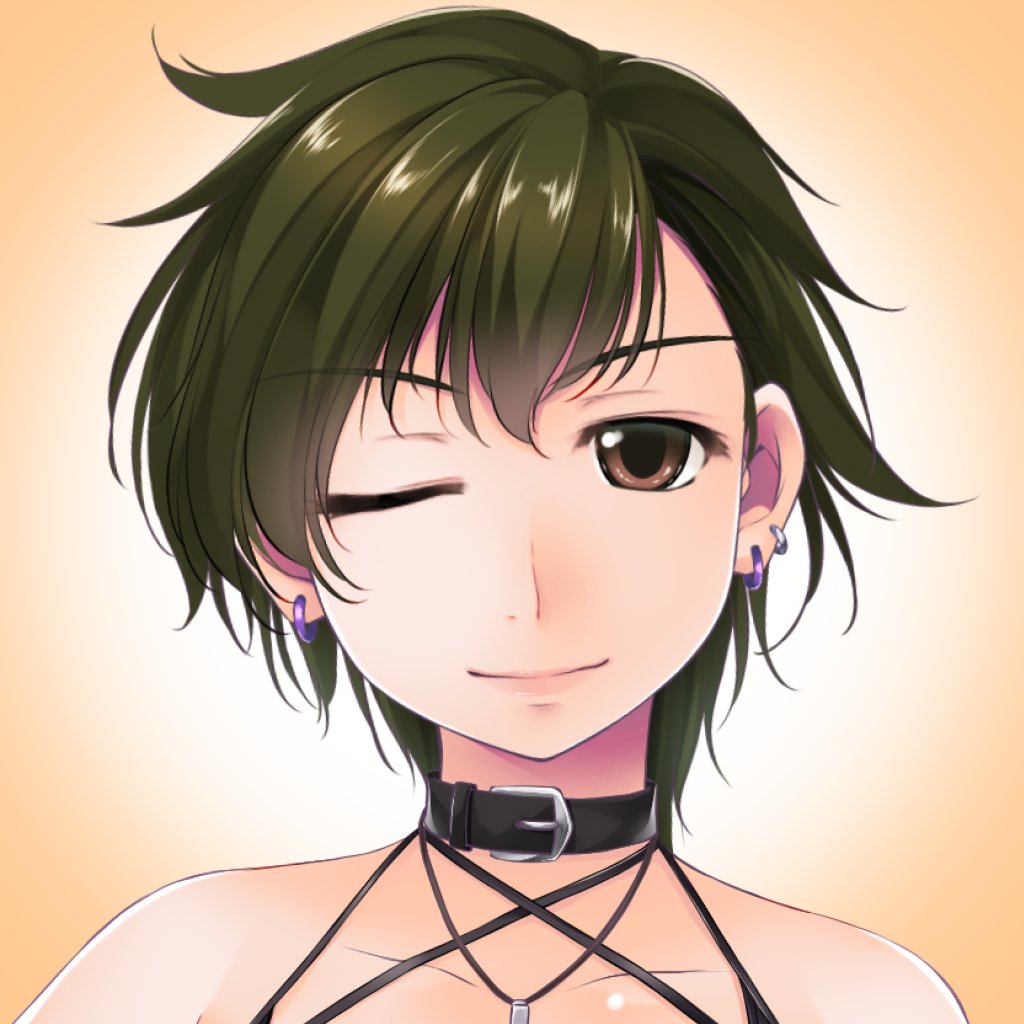 1girl, atelier-moo, bare_shoulders, brown_eyes, closed_mouth, collar, collarbone, ear_piercing