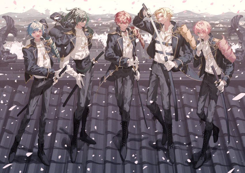 5boys, :d, ;), architecture, armor, bangs_pinned_back, belt, belt_buckle