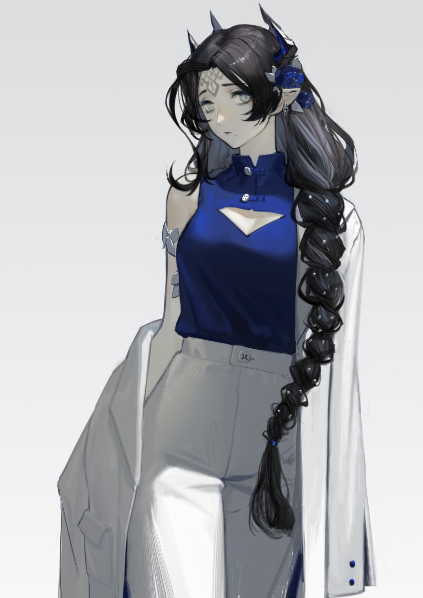 1girl, absurdres, arknights, black_hair, braid, earrings, facial_tattoo, five-fall