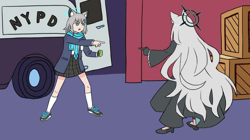 2girls, animal_ear_fluff, animal_ears, black_dress, black_gloves, black_jacket, black_skirt, blazer