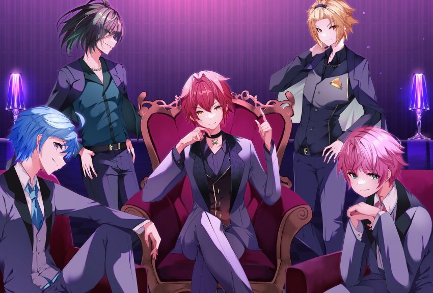 5boys, absurdres, ahoge, aqua_shirt, armchair, bangs_pinned_back, belt, belt_buckle