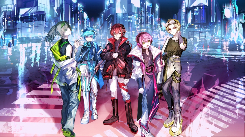 5boys, :3, :d, absurdres, adjusting_clothes, ankle_boots, arm_at_side, arm_guards