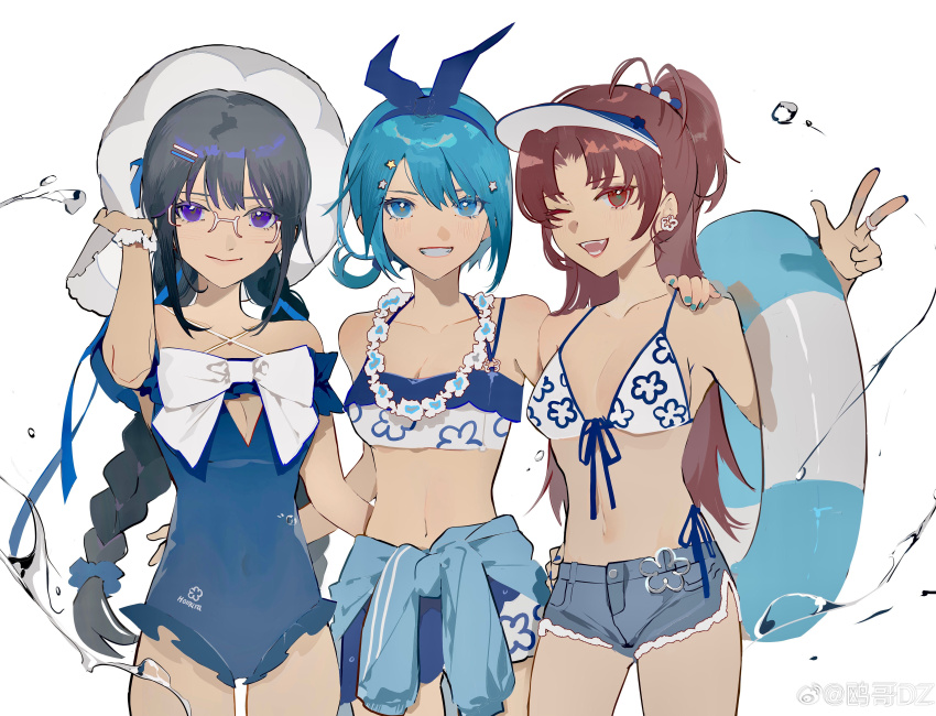 3girls, ;d, absurdres, akemi_homura, alternate_costume, bare_shoulders, beads, bikini