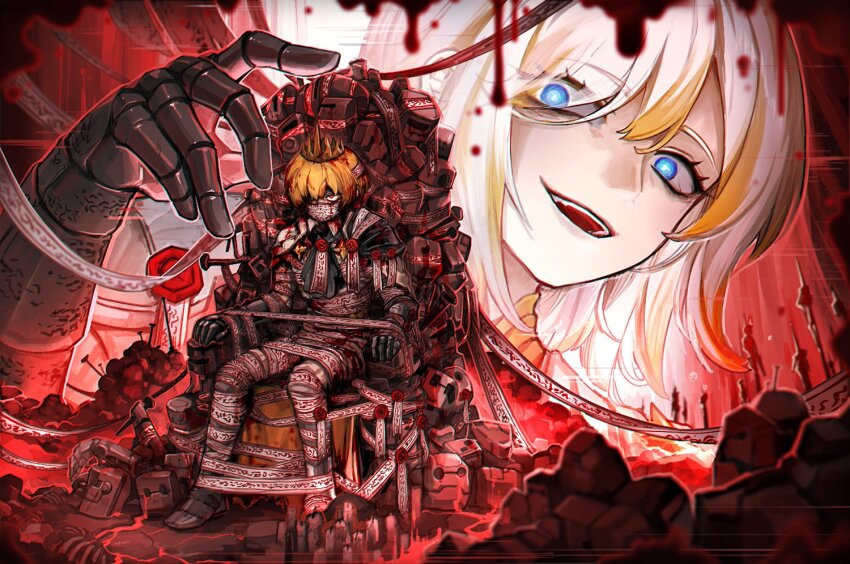 1boy, 1girl, armor, ascot, binds_(e.g.o), black_ascot, blonde_hair, blood, blue_eyes, boots, bound_king, crown, e.g.o_(project_moon), faust_(project_moon), flaw_eight, gauntlets, hand_up, impaled, limbus_company, looking_at_another, medium_hair, multicolored_hair, nail_(hardware), on_throne, parted_lips, pauldrons, project_moon, shoulder_armor, sinclair_(project_moon), sitting, smile, streaked_hair, talisman, thigh_boots, throne, wax_seal, white_hair, yellow_eyes