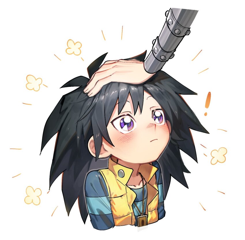 !, 1boy, black_hair, blue_shirt, blush, headpat, highres, kaiba_mokuba, kaiba_seto, looking_up, male_focus, medium_hair, moemoenomori, purple_eyes, shirt, spiked_hair, striped_clothes, striped_shirt, upper_body, vest, yellow_vest, yu-gi-oh!, yu-gi-oh!_duel_monsters