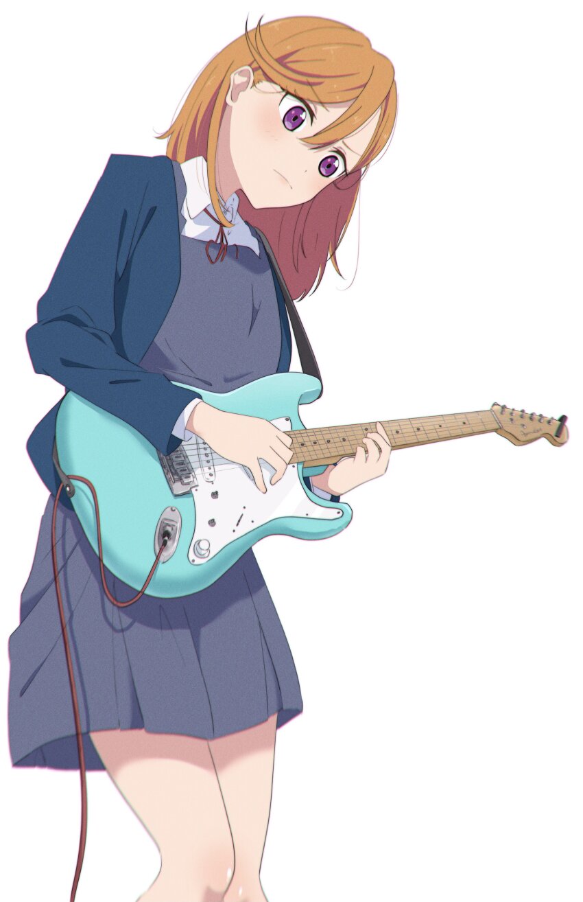 1girl, absurdres, blue_jacket, closed_mouth, collared_shirt, commentary_request, dress, electric_guitar