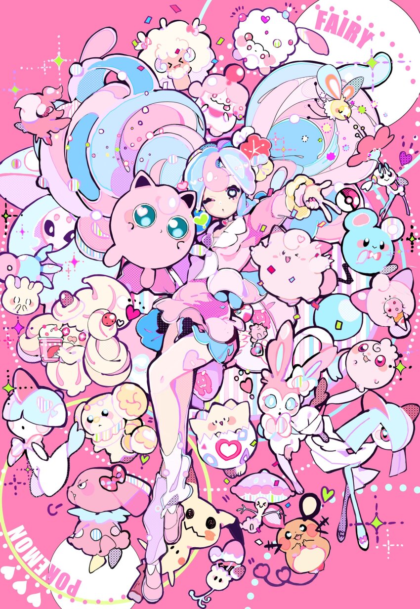 >_<, 1girl, absurdly_detailed_composition, absurdres, alcremie, alcremie_(strawberry_sweet), alcremie_(vanilla_cream), alternate_color, aqua_hair, azurill, bag, bag_charm, blue_hair, blush, breasts, charm_(object), clefairy, cleffa, closed_eyes, commentary, confetti, cutiefly, dedenne, fairy_miku_(project_voltage), fidough, floette, floette_(red_flower), full_body, gen_1_pokemon, gen_2_pokemon, gen_3_pokemon, gen_5_pokemon, gen_6_pokemon, gen_7_pokemon, gen_8_pokemon, gyaru, hatsune_miku, hatterene, heart, heart-shaped_pupils, highres, holding, igglybuff, kirlia, long_hair, looking_at_viewer, milcery, mimikyu, morelull, multicolored_hair, n79oqc3yja6jlof, nail_polish, nintendo, one_eye_closed, open_mouth, pink_background, pink_hair, pink_sweater, poke_ball, poke_ball_(basic), pokemon, pokemon_(creature), project_voltage, puff_of_air, ralts, shiinotic, shiny_pokemon, skirt, slurpuff, small_breasts, snubbull, socks, sparkle, spritzee, sweater, swirlix, sylveon, symbol-shaped_pupils, togepi, twintails, very_long_hair, vocaloid, w, whimsicott, white_socks