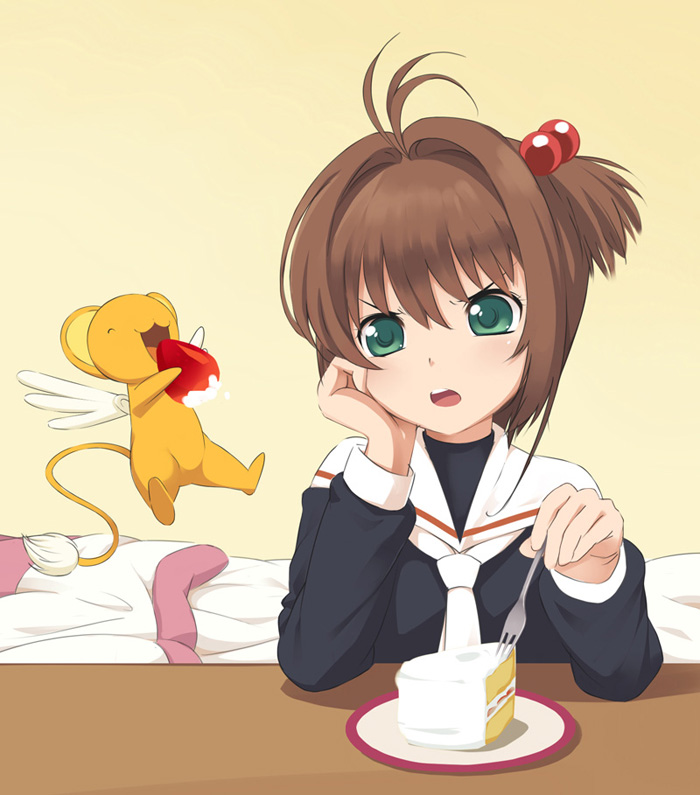 1990s_(style), 1girl, brown_hair, cake, cardcaptor_sakura, chikachan, child, eating, female_focus, food, fork, fruit, green_eyes, hair_bobbles, hair_ornament, kero_(cardcaptor_sakura), kinomoto_sakura, retro_artstyle, school_uniform, serafuku, short_hair, solo, strawberry, tomoeda_middle_school_uniform, twintails