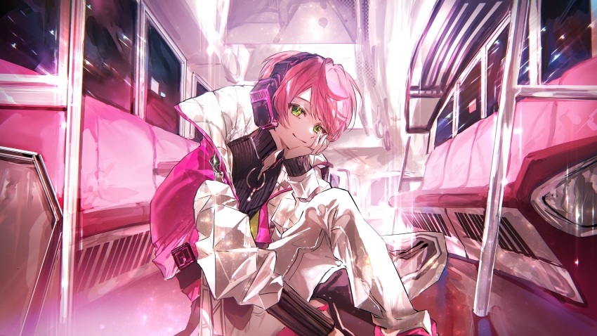 1boy, absurdres, black_sweater, closed_mouth, cropped_jacket, feet_out_of_frame, from_side, green_eyes