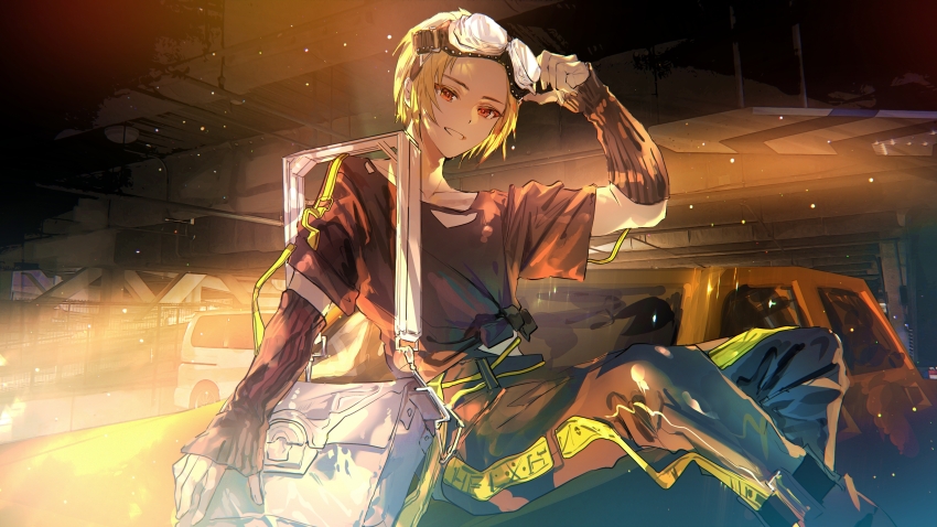 1boy, absurdres, adjusting_eyewear, arm_warmers, bag, bangs_pinned_back, black_pants, black_shirt, blonde_hair, car, feet_out_of_frame, garage, goggles, goggles_on_head, grin, hand_on_eyewear, highres, indoors, karanagare, knight_a, light_particles, looking_at_viewer, male_focus, midriff_peek, motor_vehicle, official_art, on_car, pants, red_eyes, shirt, short_hair, short_sleeves, shoulder_bag, sitting, smile, solo, soma_(utaite), t-shirt, torn_clothes, torn_shirt, utaite