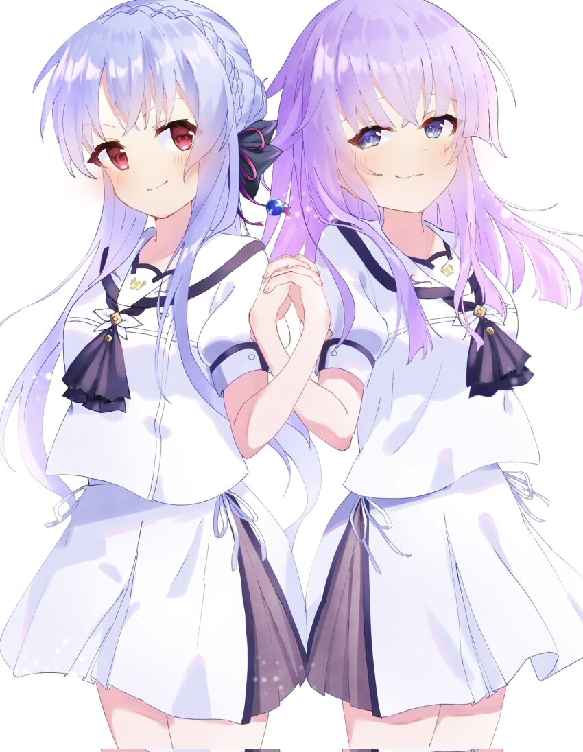 >:), 2girls, :3, ascot, black_ascot, black_ribbon, blue_eyes, blue_hair