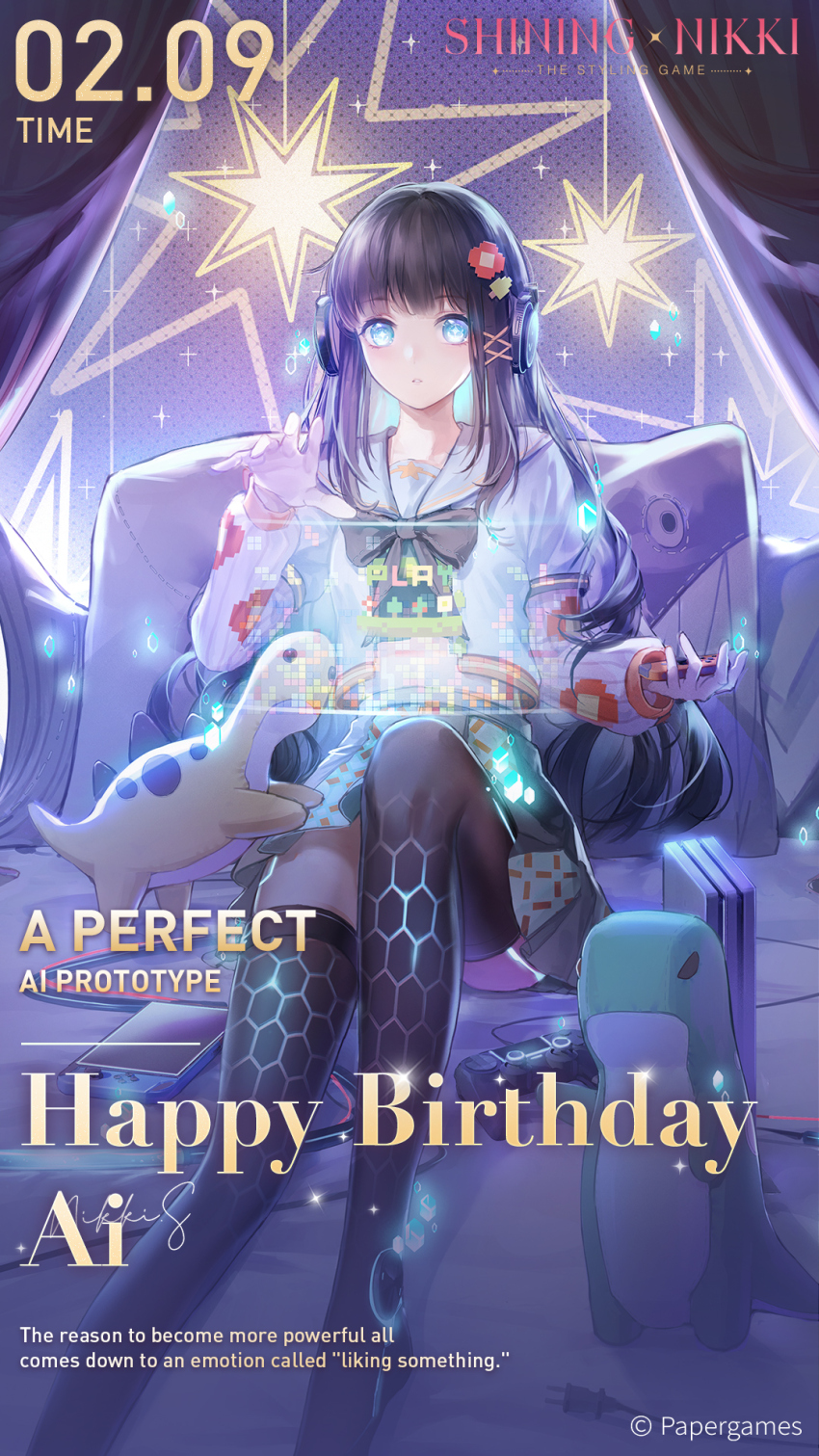 1girl, ai_(shining_nikki), black_hair, black_sailor_collar, black_thighhighs, blue_eyes, commentary, copyright_name, curtains, cushion, dress, english_commentary, english_text, game_console, handheld_game_console, happy_birthday, headphones, highres, holding, holding_handheld_game_console, long_hair, looking_at_viewer, nikki_(series), official_art, parted_lips, sailor_collar, sailor_dress, school_uniform, shining_nikki, signature, sitting, solo, stuffed_dinosaur, teeth, thighhighs, timestamp, virtual_reality