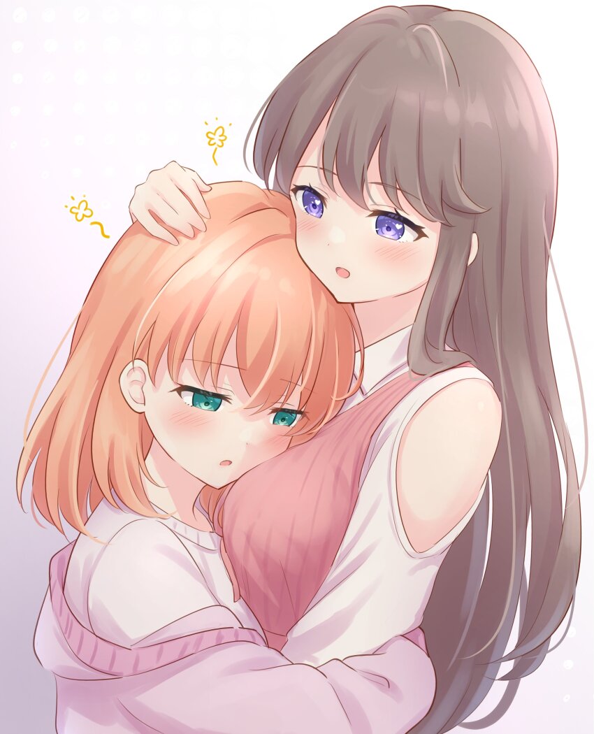 2girls, :o, absurdres, between_breasts, blush, breasts, brown_hair, cardigan