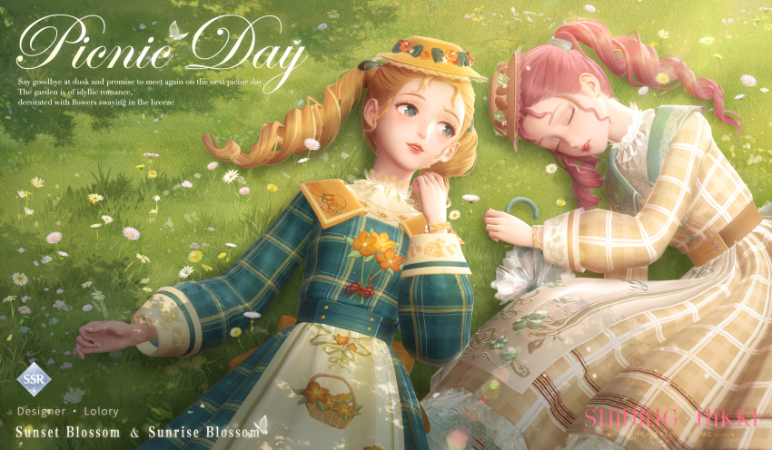 2girls, 3d, apron, blonde_hair, brown_dress, brown_hat, commentary, copyright_name