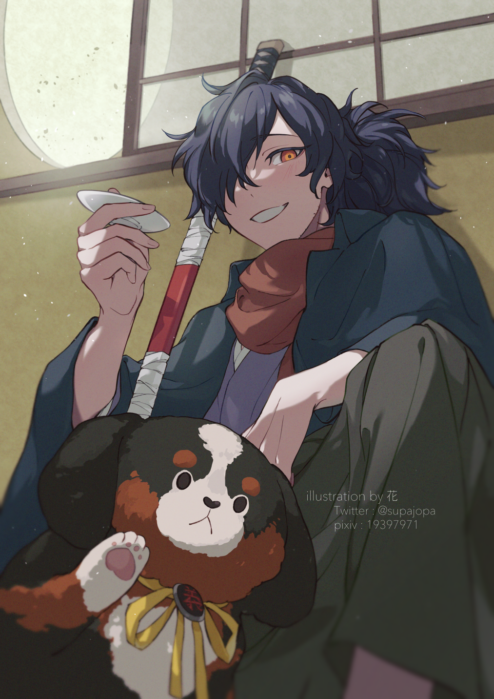 1boy, artist_name, bernese_mountain_dog, black_hair, commentary_request, cup, dog, fate/grand_order