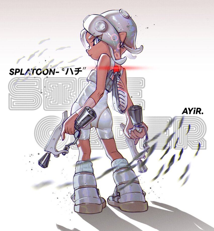 1girl, agent_8_(splatoon), ange-yi, arms_at_sides, artist_name, ass, bare_shoulders, bodysuit