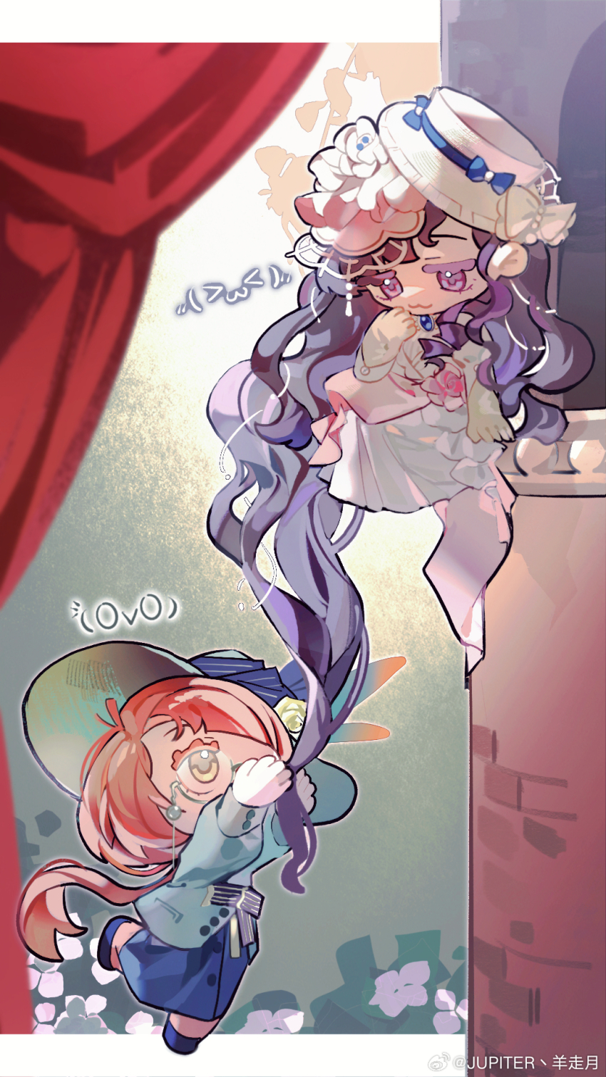 2girls, :3, absurdly_long_hair, arms_up, balcony, blue_footwear, blue_skirt, brick_wall