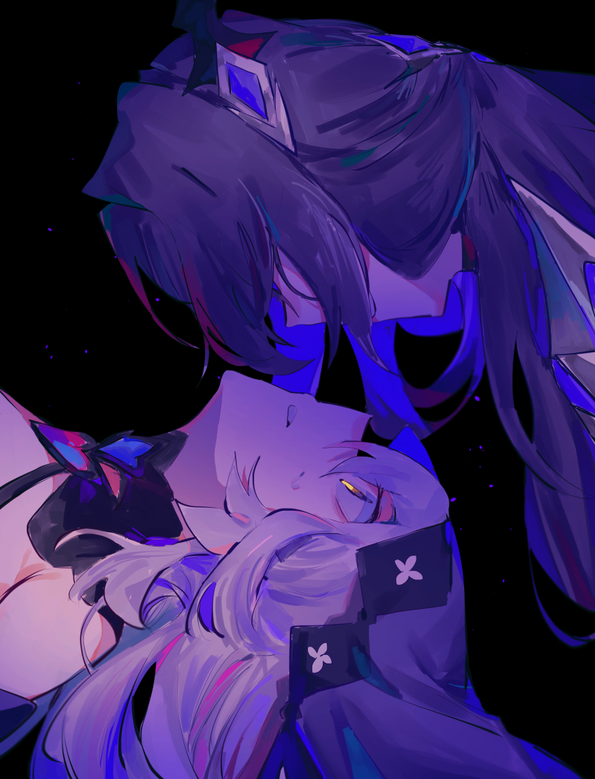 2girls, absurdres, acheron_(honkai:_star_rail), bare_shoulders, black_background, black_choker, black_swan_(honkai:_star_rail), choker