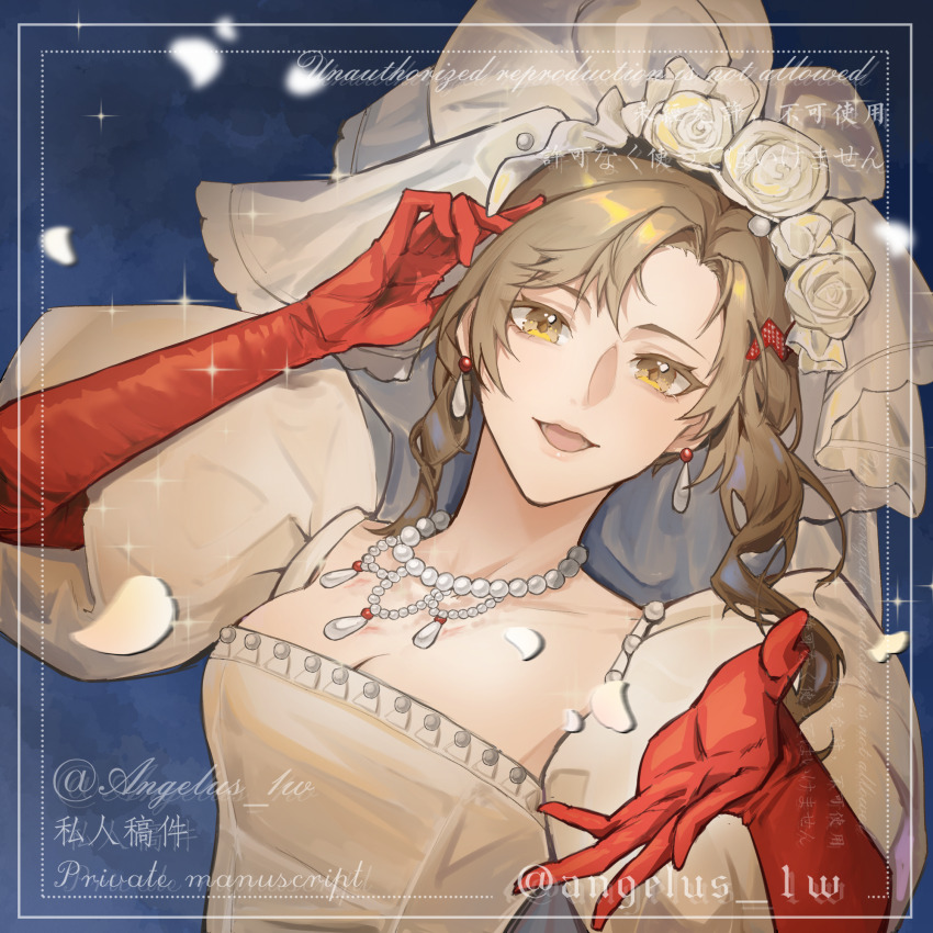 1girl, :d, angelus_1w, artist_name, blue_background, breasts, brown_eyes, brown_hair