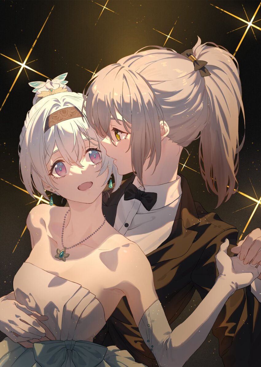 2girls, alternate_costume, alternate_hairstyle, amenoki, bare_shoulders, black_bow, black_bowtie, black_hairband, blue_bow, blue_pupils, bow, bowtie, butler, crossdressing_(ftm), dress, earrings, elbow_gloves, female_butler, female_focus, firefly_(honkai:_star_rail), formal_clothes, gloves, grey_hair, hair_intakes, hairband, highres, honkai:_star_rail, honkai_(series), jewelry, long_hair, looking_at_another, multicolored_eyes, multiple_girls, pendant, ponytail, stelle_(honkai:_star_rail), strapless, strapless_dress, trailblazer_(honkai:_star_rail), tuxedo, two-tone_eyes, wedding_dress, white_dress, wife_and_wife, yellow_eyes, yuri