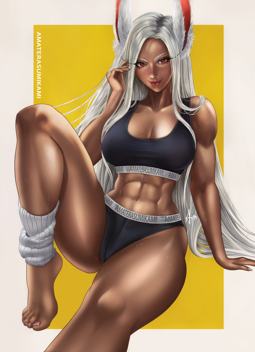 1girl, abs, absurdres, amaterasu_(amaterasumikami), animal_ears, artist_name, barefoot, black_panties