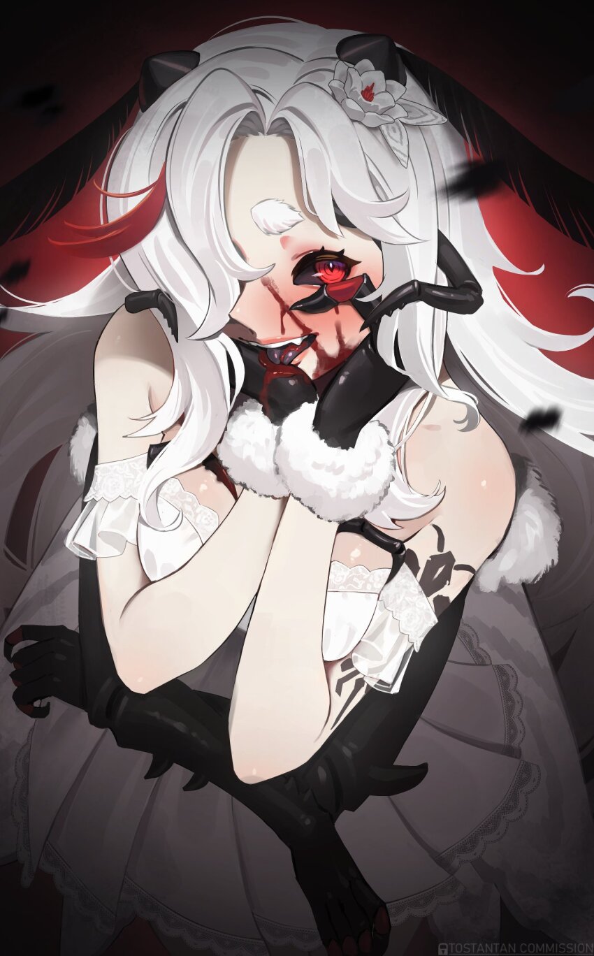 1girl, antennae, arthropod_girl, black_sclera, blood, blood_on_face, carapace, colored_sclera